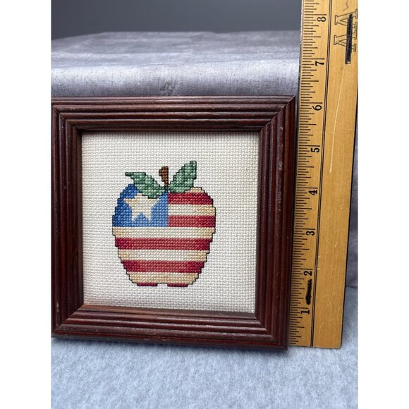 Patriotic Apple Cross Stitch Wall Decor Framed Wood 6"x6" Handmade Rustic Americ - Picture 5 of 14